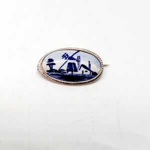 Vintage Sterling Silver Holland Dutch Delft Ceramic Windmill Brooch Signed Pin